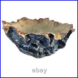 Large Studio Art Pottery Bowl Blue Ruffled Sculptural Brutalist 13.5