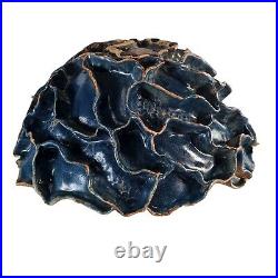 Large Studio Art Pottery Bowl Blue Ruffled Sculptural Brutalist 13.5