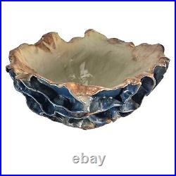 Large Studio Art Pottery Bowl Blue Ruffled Sculptural Brutalist 13.5