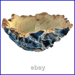 Large Studio Art Pottery Bowl Blue Ruffled Sculptural Brutalist 13.5