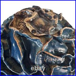 Large Studio Art Pottery Bowl Blue Ruffled Sculptural Brutalist 13.5