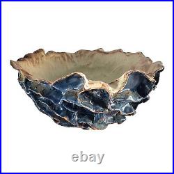 Large Studio Art Pottery Bowl Blue Ruffled Sculptural Brutalist 13.5