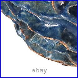 Large Studio Art Pottery Bowl Blue Ruffled Sculptural Brutalist 13.5