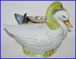 Large Vintage Bassano Italy Majolica Pottery Hand Painted Two Ducks Tureen