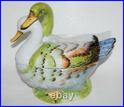 Large Vintage Bassano Italy Majolica Pottery Hand Painted Two Ducks Tureen