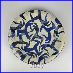Large Vintage Ceramic Charger Bowl With Dancing Blue Figures by Lisa G. Carlson