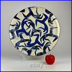 Large Vintage Ceramic Charger Bowl With Dancing Blue Figures by Lisa G. Carlson