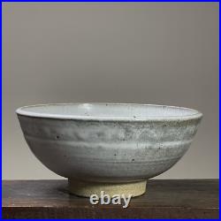 Large Vintage Minimalist Footed Shino Glazed Grayish White Stoneware Bowl