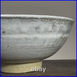 Large Vintage Minimalist Footed Shino Glazed Grayish White Stoneware Bowl