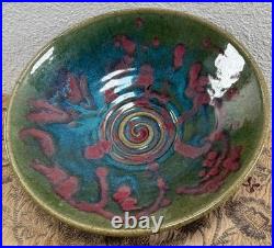 Large Vintage Studio Pottery Ceramic Glazed Splatter Swirl Bowl SGND Butterfly