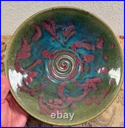 Large Vintage Studio Pottery Ceramic Glazed Splatter Swirl Bowl SGND Butterfly