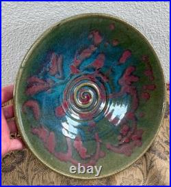 Large Vintage Studio Pottery Ceramic Glazed Splatter Swirl Bowl SGND Butterfly