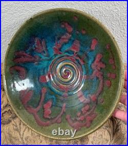 Large Vintage Studio Pottery Ceramic Glazed Splatter Swirl Bowl SGND Butterfly