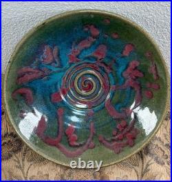 Large Vintage Studio Pottery Ceramic Glazed Splatter Swirl Bowl SGND Butterfly