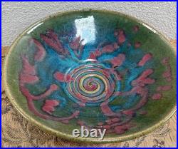 Large Vintage Studio Pottery Ceramic Glazed Splatter Swirl Bowl SGND Butterfly
