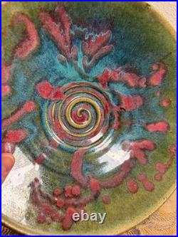 Large Vintage Studio Pottery Ceramic Glazed Splatter Swirl Bowl SGND Butterfly