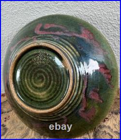Large Vintage Studio Pottery Ceramic Glazed Splatter Swirl Bowl SGND Butterfly
