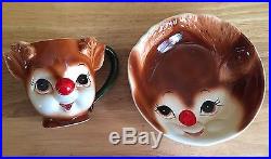 Lefton Rudolph Reindeer Ceramic Cup And Bowl Child Set Vintage RARE Christmas