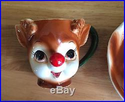 Lefton Rudolph Reindeer Ceramic Cup And Bowl Child Set Vintage RARE Christmas