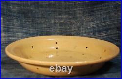 Lg 13 French Antique Yellow Ware Colander Vintage Pottery Shallow Bowl Sieve
