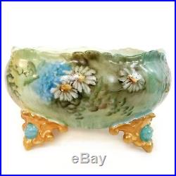 Limoges France Vintage Hand Painted Daisies Footed Center Piece Bowl Gold Leaf