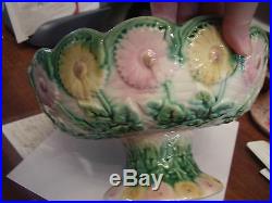 MAJOLICA COMPOTE pedestal bowl, pink and yellow flowers, vintage, estate