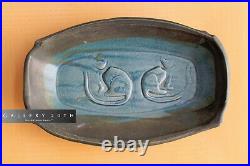 MID Century Pair Of Cats Pottery Dish! Vtg 50s 60s Art Bowl Orig Tray Blue Green