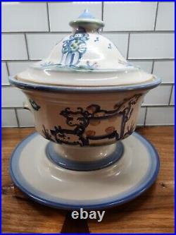 M A HADLEY LARGE TUREEN WithUNDERPLATE VTG COUNTRY HANDPAINTED STONEWARE POTTERY