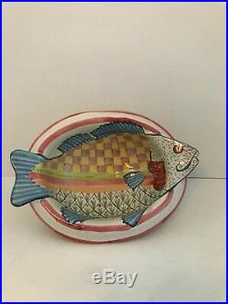 Mackenzie Childs Huge HANDPAINTED FISH Serving Pedestal Bowl Vintage