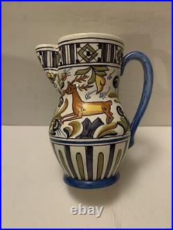 Majolica Spain Pottery Handmade & Painted Pitcher Vase With Deer 8.5
