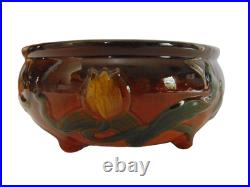 McCoy Pottery Vintage Mid Century Chocolat Brown Footed Glazed Bowl Floral 205-8