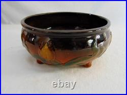 McCoy Pottery Vintage Mid Century Chocolat Brown Footed Glazed Bowl Floral 205-8