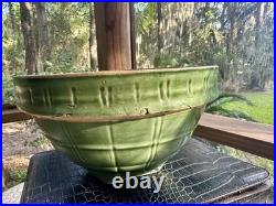 McCoy Vintage Olive Green Bowl Windowpane Design 9.75 Yellowware Mixing Bowl #9