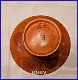 Moche Peru Studio Art Pottery Ceramic Bowl Hand Painted Signed WithStand & Certi