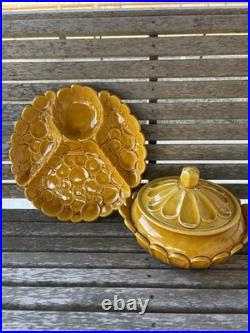 Mustard Yellow Vintage MCM Med Soup Tureen & Appetizer Platter marked USA c1950s