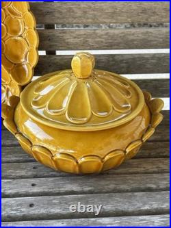 Mustard Yellow Vintage MCM Med Soup Tureen & Appetizer Platter marked USA c1950s