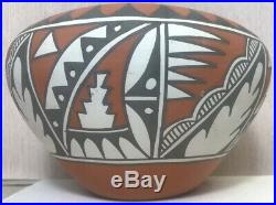 Native American Jemez Pottery pot bowl VTG Mary Small Geometric feathers poly