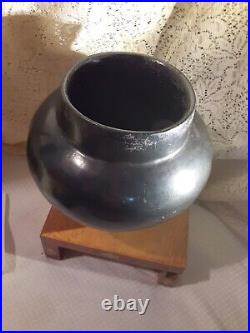 Native American Vintage Signed Black Pottery Bowl Solid Black No Design