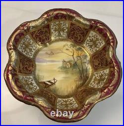 Nippon Hand Painted Bowl-Burgundy Raised Gold Footed Rowboat Scene-1891-1920 VG+