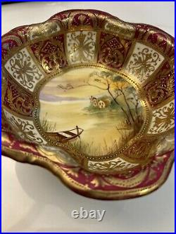 Nippon Hand Painted Bowl-Burgundy Raised Gold Footed Rowboat Scene-1891-1920 VG+