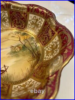 Nippon Hand Painted Bowl-Burgundy Raised Gold Footed Rowboat Scene-1891-1920 VG+