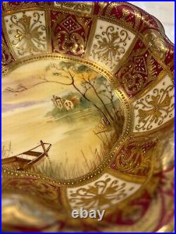 Nippon Hand Painted Bowl-Burgundy Raised Gold Footed Rowboat Scene-1891-1920 VG+