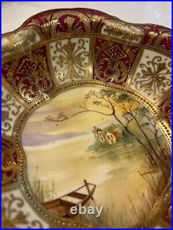 Nippon Hand Painted Bowl-Burgundy Raised Gold Footed Rowboat Scene-1891-1920 VG+