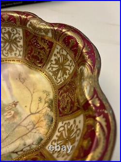 Nippon Hand Painted Bowl-Burgundy Raised Gold Footed Rowboat Scene-1891-1920 VG+