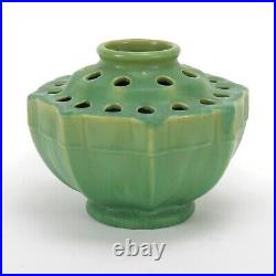 Octagonal matte green glaze pottery 6x7.5 flower frog vase arts & crafts