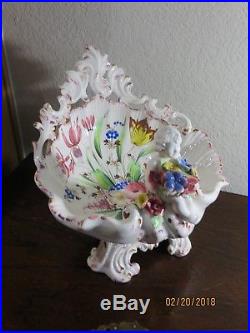 Old Vntg. ART Italy Capodimonte Style Large Vase Bowl Stand Angel /Flower Decor
