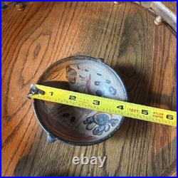 Old antique 4 Inch hand painted Pottery redware terracotta bowl with 2 handles