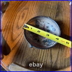 Old antique 4 Inch hand painted Pottery redware terracotta bowl with 2 handles