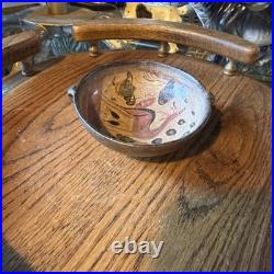 Old antique 4 Inch hand painted Pottery redware terracotta bowl with 2 handles