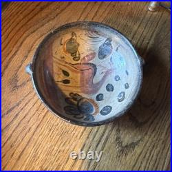 Old antique 4 Inch hand painted Pottery redware terracotta bowl with 2 handles